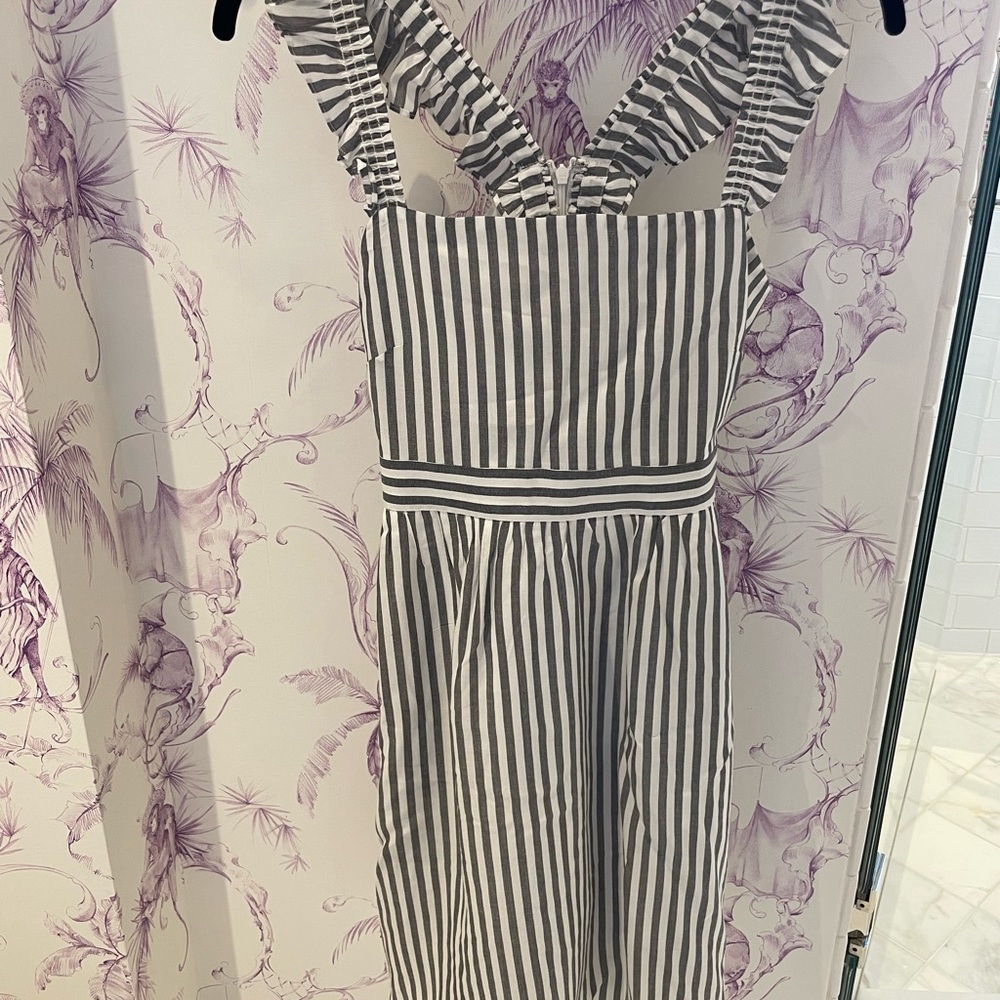 White and gray striped dress with ruffle straps